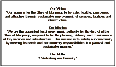 Text Box: Our Vision
“Our vision is for the Shire of Manjimup to be safe, healthy, prosperous and attractive through sustainable improvement of services, facilities and infrastructure.

Our Mission
“We are the appointed local government authority for the district of the Shire of Manjimup, responsible for the planning, delivery and maintenance of key services and infrastructure.  Our mission is to satisfy our community by meeting its needs and our statutory responsibilities in a planned and sustainable manner.”

Our Motto
“Celebrating our Diversity.”
